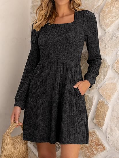 Charcoal Long-Sleeve Knit Dress