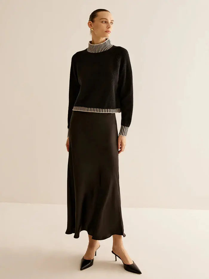 Striped Trim Turtleneck Sweater Sylvia Rae