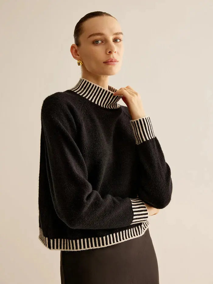 Striped Trim Turtleneck Sweater Sylvia Rae