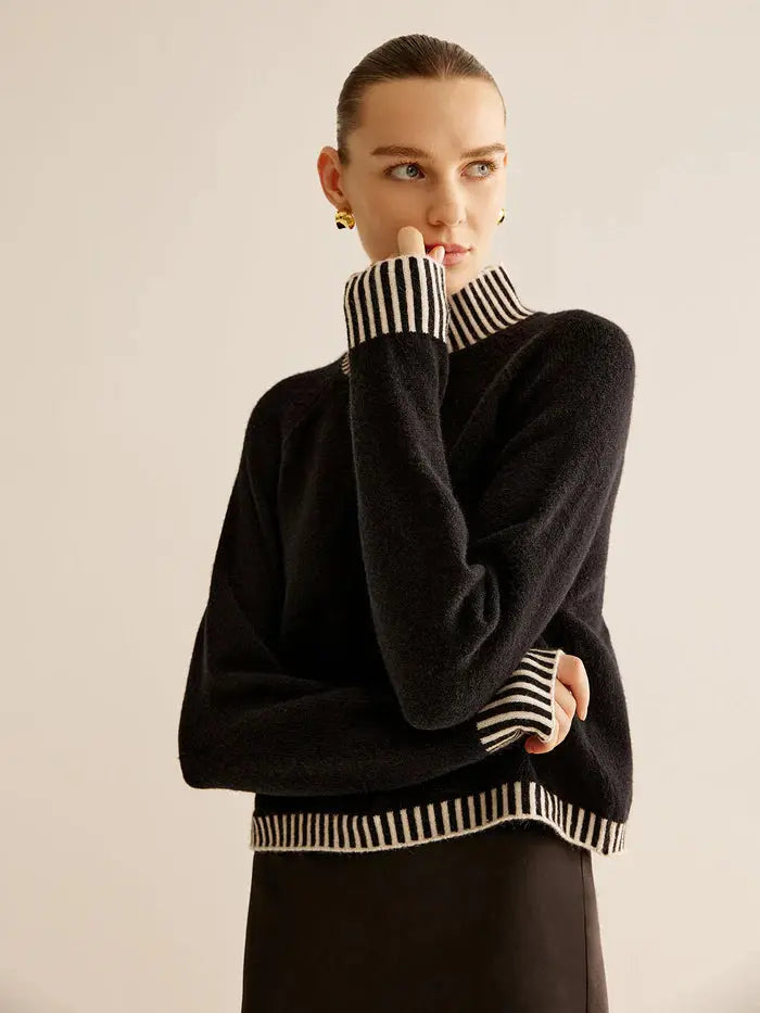 Striped Trim Turtleneck Sweater Sylvia Rae