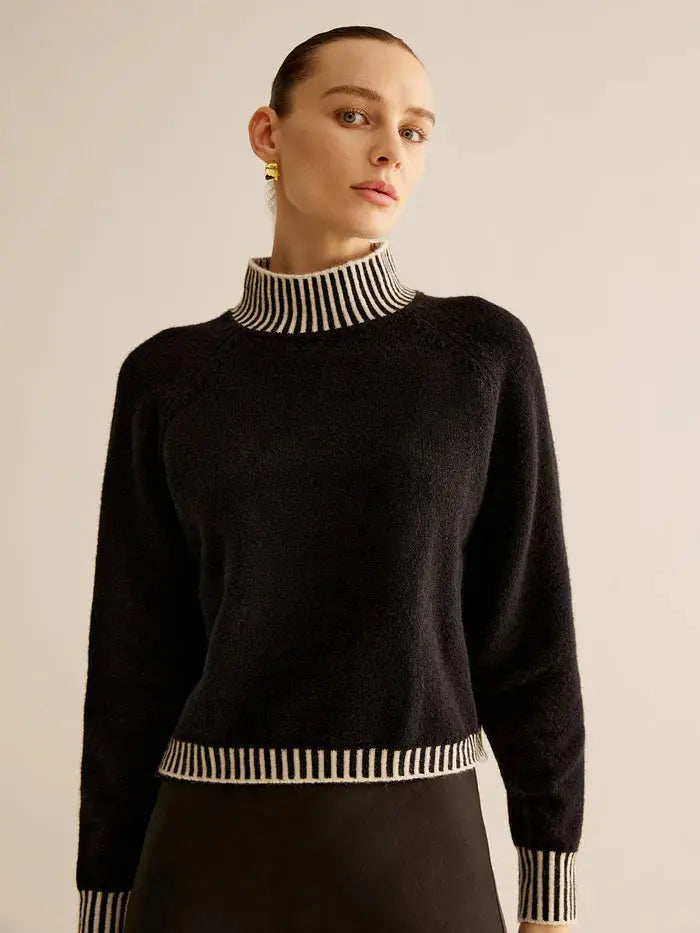 Striped Trim Turtleneck Sweater Sylvia Rae