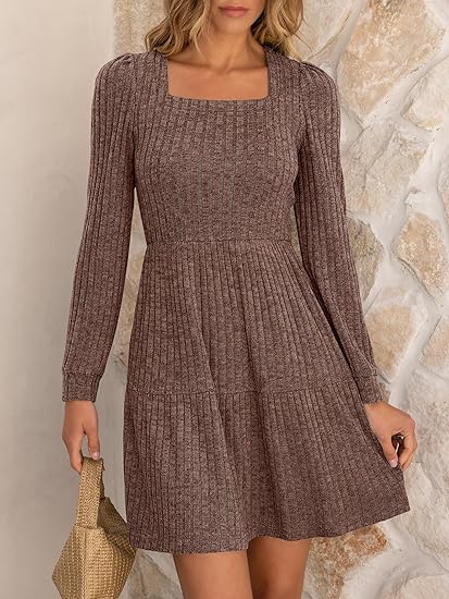 Coffee Long-Sleeve Knit Dress