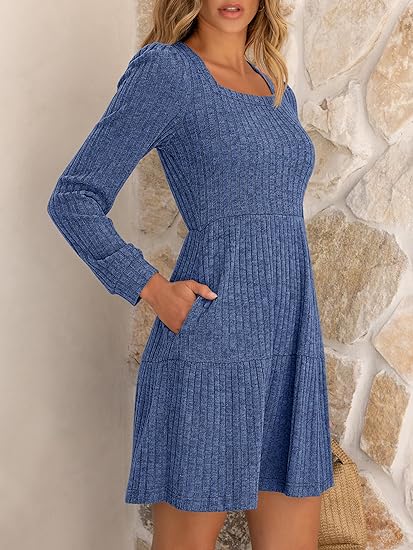 Dusty Blue Long-Sleeve Knit Dress