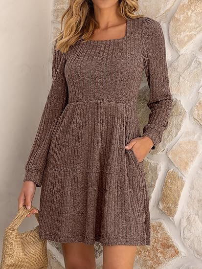 Coffee Long-Sleeve Knit Dress