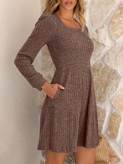 Coffee Long-Sleeve Knit Dress