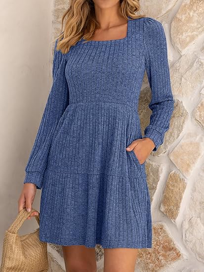 Dusty Blue Long-Sleeve Knit Dress