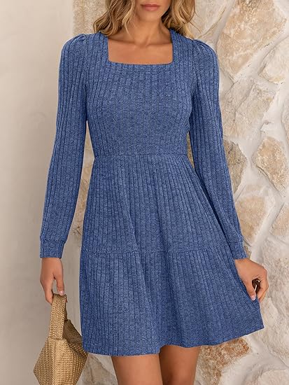 Dusty Blue Long-Sleeve Knit Dress